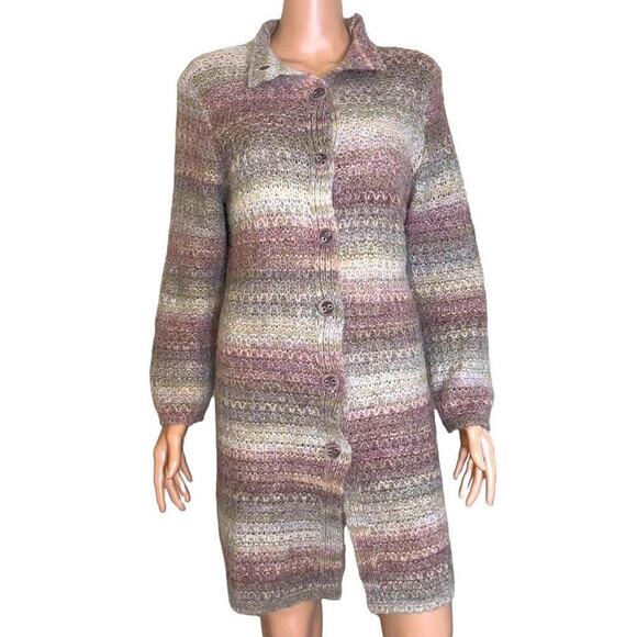 J. Jill Long Cardigan Sweater Wool Alpaca Knit Mauve Neutrals Striped SZ M soft - Picture 2 of 9